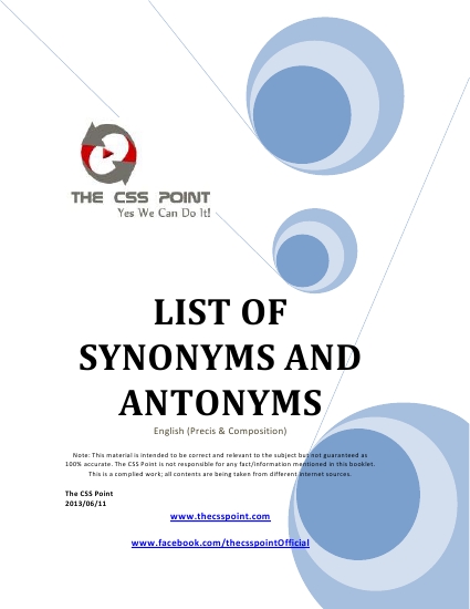 500 Word List of Synonyms and Antonyms